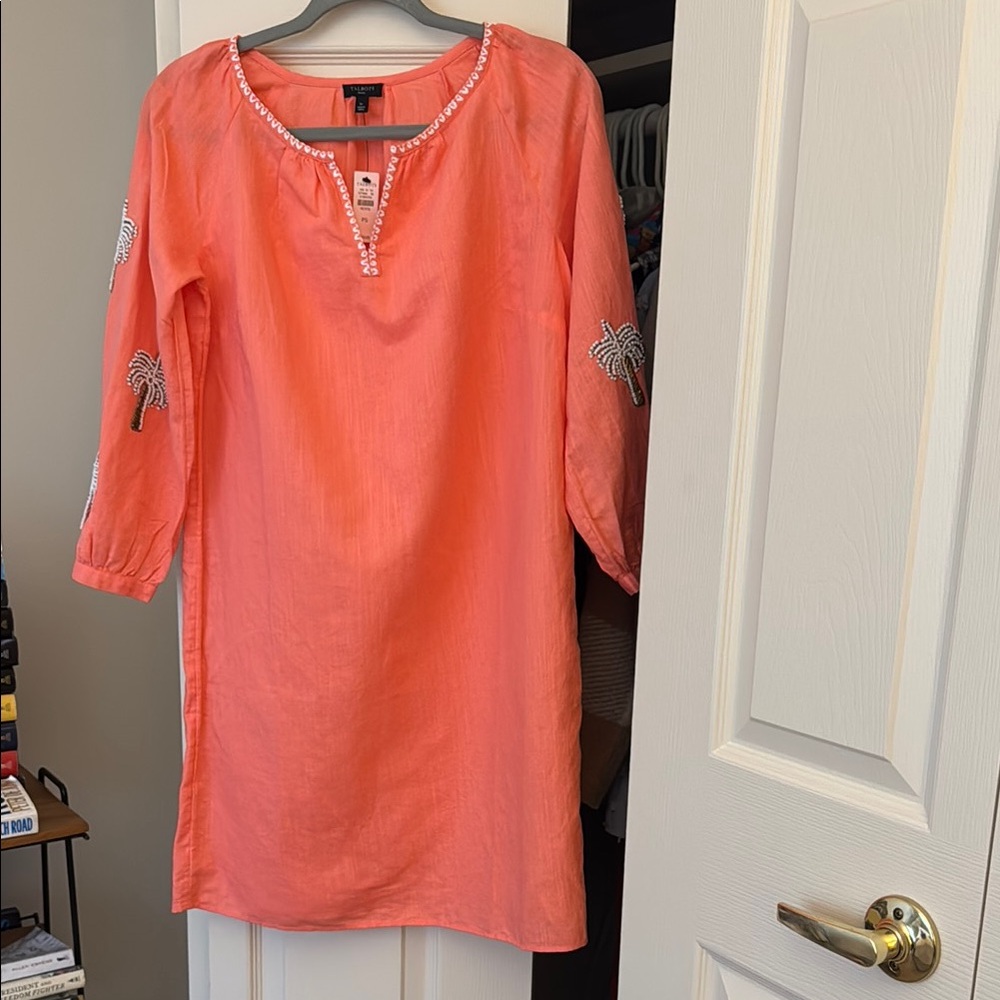 Coral Tunic Dress with Palm Tree Embroidery